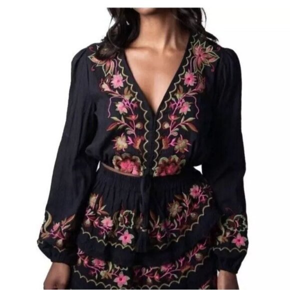 Allison New York Tops - Allison New York Floral Large Top Crop Embroidered Bohemian Peasant Top Colorful